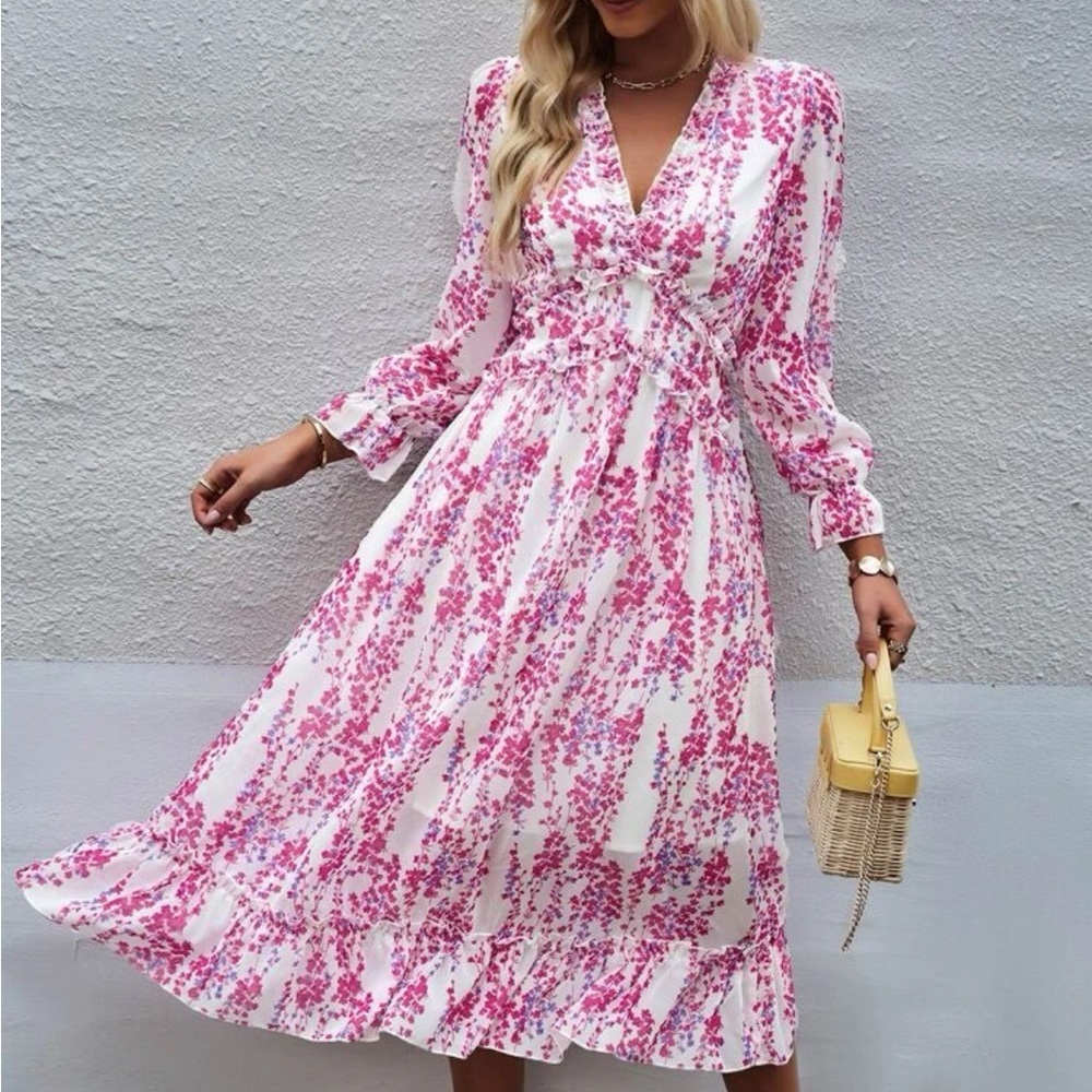 New v neck pink floral long sleeve dress